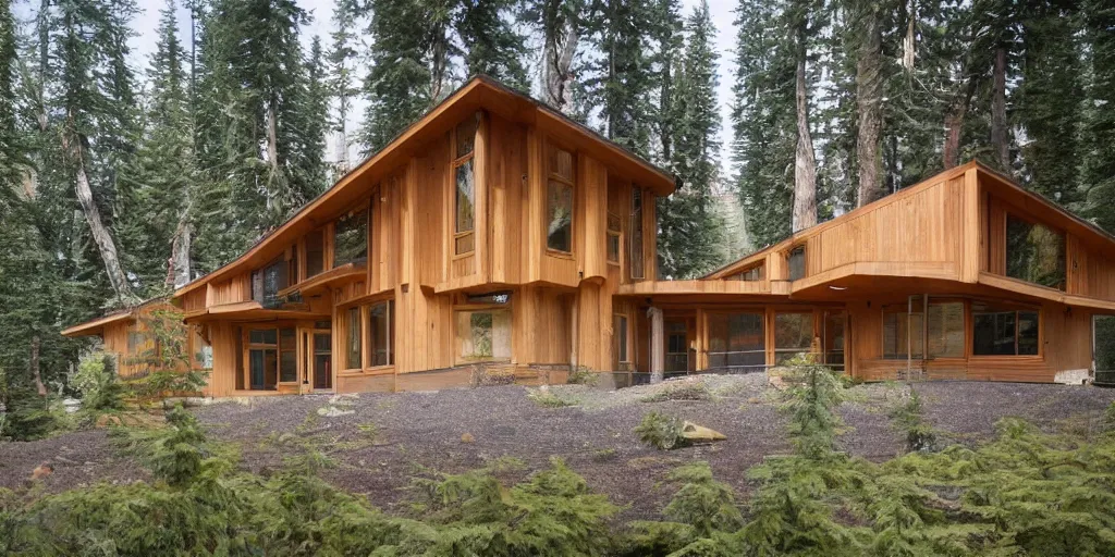 Prompt: large lodge type residence, washington state, cedar and concrete, many windows, triangular elements