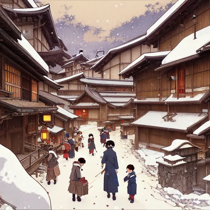 Image similar to japanese rural town, winter, in the style of studio ghibli, j. c. leyendecker, greg rutkowski, artem