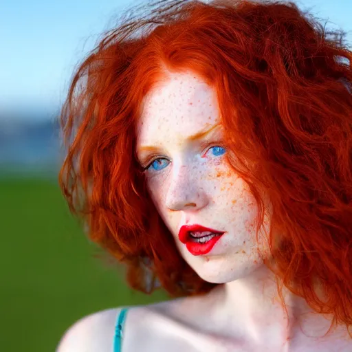 Prompt: Close up photo of the left side of the head of a redhead woman with gorgeous blue eyes and wavy long red hair, red detailed lips and freckles who looks directly at the camera. Slightly open mouth. Whole head visible and covers half of the frame, with a park visible in the background. 135mm nikon.