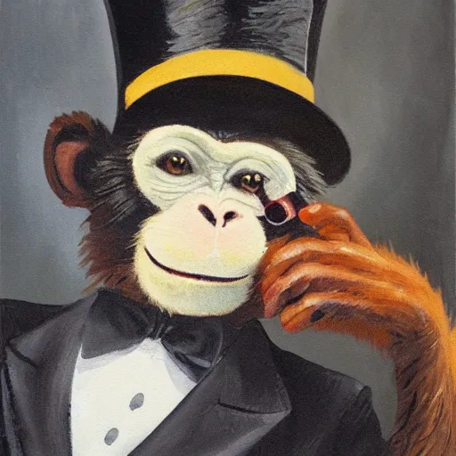 Image similar to a monkey wearing a monocle and a top hat drinking tea, brush strokes, oil painting