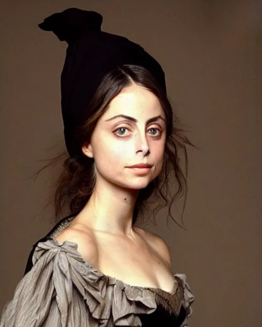 Prompt: style of louise elisabeth vigee le brun : : gorgeous willa holland : : evil witch, swirling black magic, black dress : : symmetrical face, symmetrical eyes : : full body pose : : gorgeous black hair : : magic lighting, low spacial lighting : :