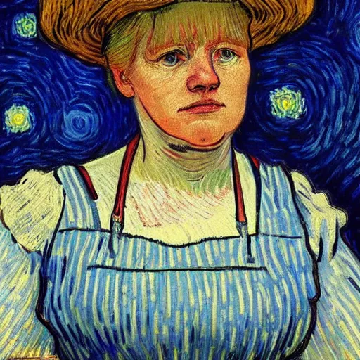 Prompt: detailed portrait of boris johnson as an 1890s peasant milkmaid sitting in her bedroom on a starry night painted by van gogh