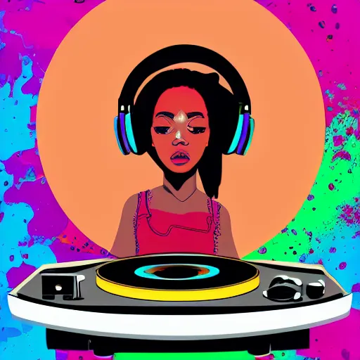 Image similar to a punk teen black girl wearing headphones plugged in and lying on top of a giant record player, weirdcore, bizarre, beautiful, colorful background, digital art