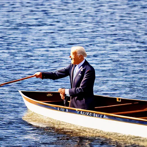 Image similar to 8k Photograph of Joe Biden in a rowboat on a lake. Dramatic. National Geographic.