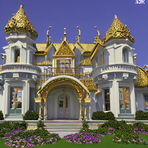 Prompt: The fantasy house is made of white marble with intricate carvings on the façade. The windows are stained glass and the roof is made of gold. There are four turrets on the corners of the house and a large balcony on the second floor. Unreal, Unity, and Octane Render.
