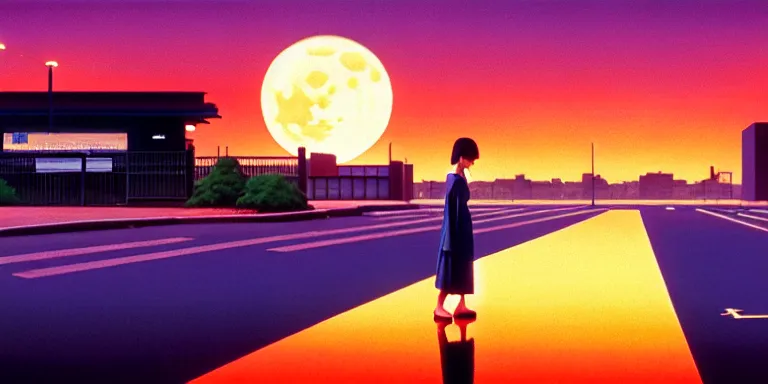 Image similar to an immaculate isometric cinematic keyframe matte painting of the silhouette of a young japanese girl standing in a wide sleek empty street 1 9 7 0 s vaporwave rust belt city at dusk with an oversized moon, just after the rain has cleared. by eric lafforgue, glennray tutor and edward hopper, greg rutkowski. trending on artstation.