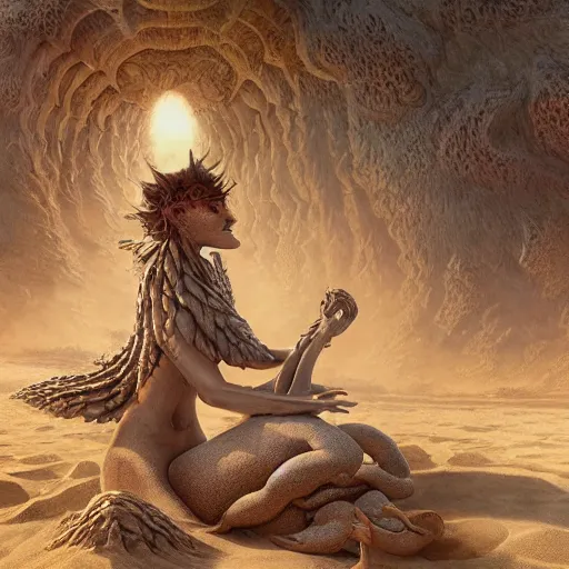 Image similar to a hyperrealistic illustration of a scaly monster covered in sand, sand flowing from the monsters body, desert with rocks with fractal sunlight, award-winning, masterpiece, in the style of Tom Bagshaw, Cedric Peyravernay, Peter Mohrbacher