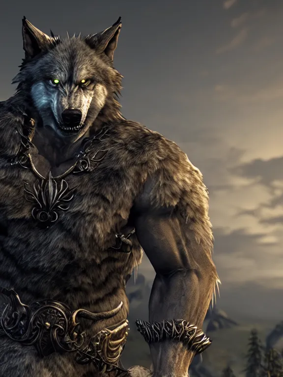 Image similar to cute handsome cuddly burly surly relaxed calm timid werewolf from van helsing unreal engine hyperreallistic render 8k character concept art masterpiece screenshot from the video game the Elder Scrolls V: Skyrim