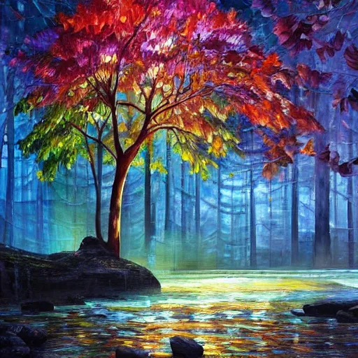 Image similar to A beautiful, highly detailed, very realistic oil painting of a single tree with rainbow leaves, next to a small river, glowing bright blue in the middle of a huge, very dark cave, with lots of dark grey rocks, oil painting by Afremov and Greg Rutkowski.