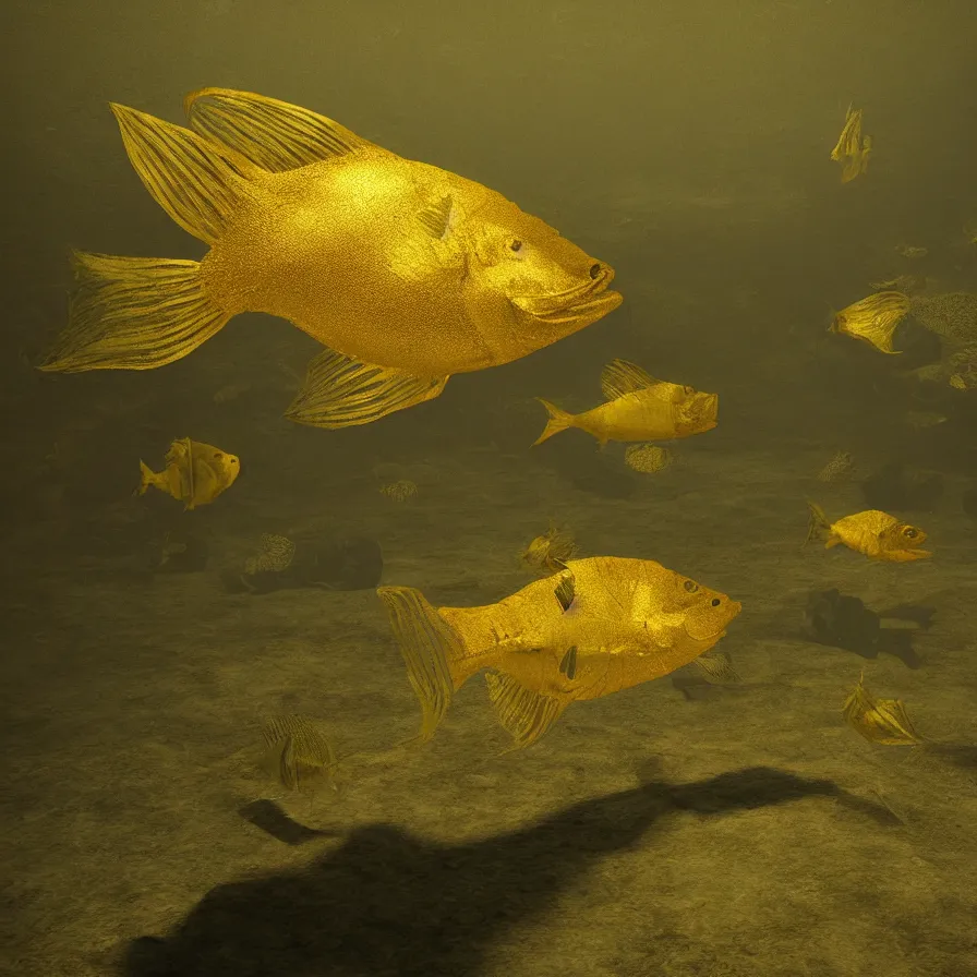 Image similar to a desolate golden glowing fish! swims in magical water with caustics and volumetric lighting, photorealistic painting