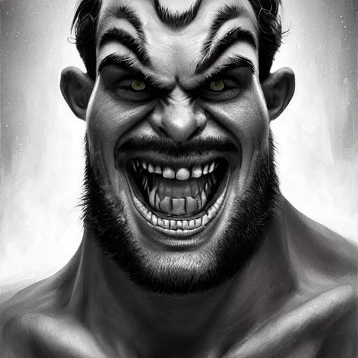 Image similar to Extremely funny face of very manly Gigachad with very big jaws, big eyebrows, smile like trollface jaw tilted on side, painting on grey scale face, powerful , magic, thunders, dramatic lighting, intricate, wild, highly detailed, digital painting, artstation, concept art, smooth, sharp focus, illustration, art by artgerm and greg rutkowski and alphonse mucha, footage