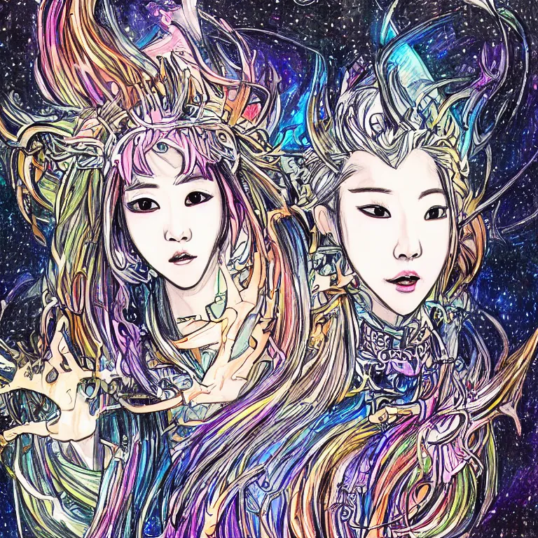 Image similar to futuristic kpop idol deity, drawing by tolkien