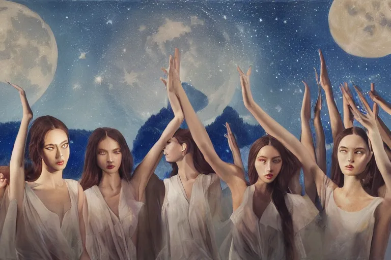 Image similar to 3 d, close - up, group of fashion models standing in a night lake with their hands raised to the bright moon, moon ryas, intricate oil painting, high detail, figurative art, multiple exposure, poster art, 3 d, by tooth wu and wlop and beeple