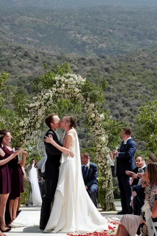 Prompt: beautiful wedding photography of mark zuckerburg getting married to elon musk, kissing, professional photo