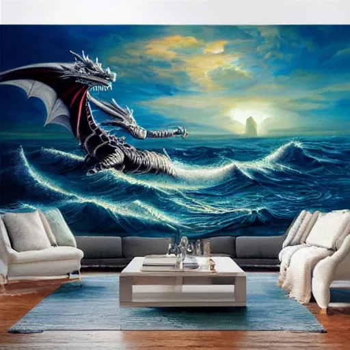 Prompt: fantastical oil painting of a large dragon flying above the sea at dawn, warm setting, sharp focus, perfect anatomy, hyper realistic, symmetrical, 4 k, highly ornate intricate details,