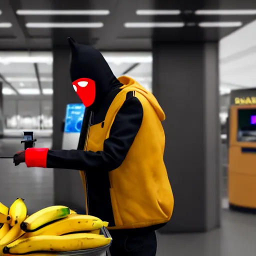 Prompt: a masked man at a self checkout stealing a banana, trending on artstation, depth field, unreal engine, cinematic, hyper realism, high detail, 8 k