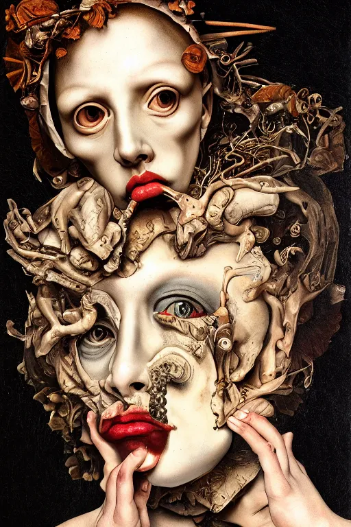 Image similar to Detailed maximalist portrait with large lips and with large wide eyes, surprised expression, surreal extra flesh and bones, HD mixed media, 3D collage, highly detailed and intricate, illustration in the golden ratio, in the style of Caravaggio, dark art, baroque