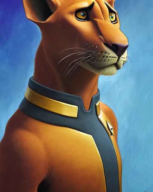 Image similar to painting of anthromorphic male panther in starfleet uniform, star trek, zootopia, fursona, furaffinity, 4 k, deviantart, furry art, very expressive detailed face, gaston bussiere, craig mullins, jc leyendecker, gustav klimt, artgerm, greg rutkowski, alphonse mucha