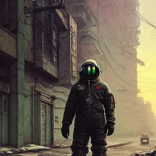 Image similar to A cyberpunk gopnik on the street of a Soviet city on the moon, Norilsk, sci-fi, fantasy, intricate, very very beautiful, elegant, highly detailed, digital painting, artstation, concept art, smooth, sharp focus, illustration, art by artgerm and greg rutkowski and alphonse mucha