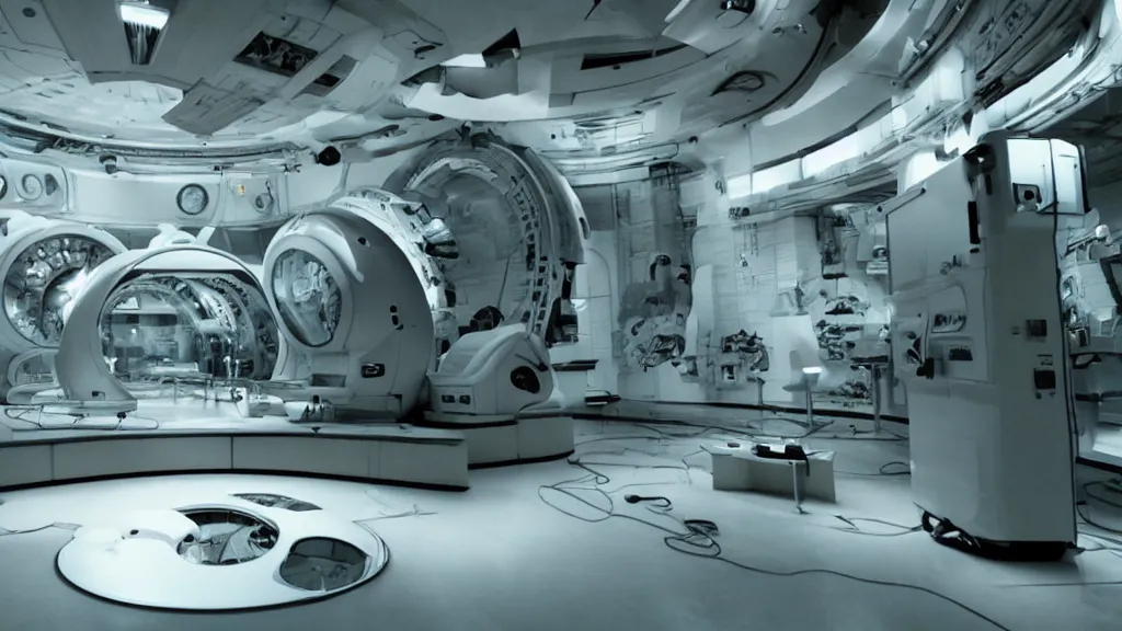 Image similar to a huge octo mri machine and control panels in the inspection room, film still from the movie directed by denis villeneuve with art direction by salvador dali, wide lens