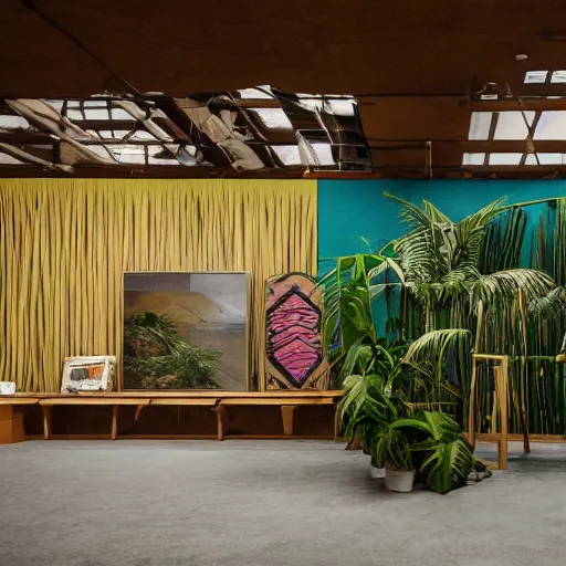 Prompt: a color photography of an exhibition room with an arrangement of elements / anthropological conceptual object / tropicalism / ( ( ( ( ( ( ( ( ( ( ( brutalism ) ) ) ) ) ) ) ) ) ) ) / animism, grain / shades / highly detailed / 1 2 0 0 dpi / fujifilm x - h 2 s