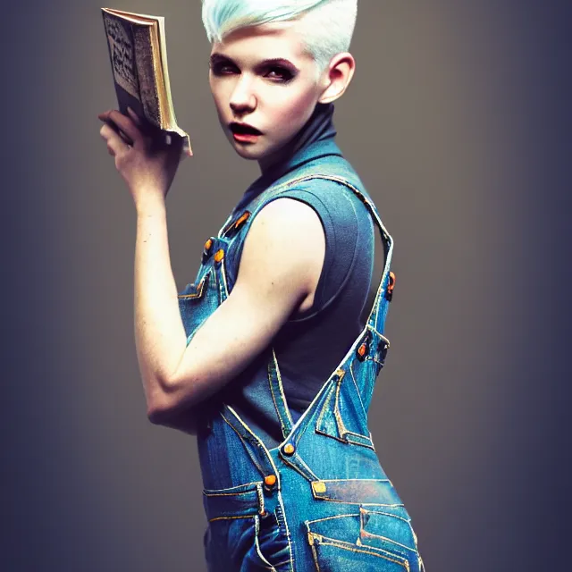 Image similar to full body pose, beautiful adult book fairy, pixar, short white hair shaved sides, dirty, grungy, grunge, long sleeve, painted overalls, stacks of giant books, highly detailed, 4 k, hdr, smooth, sharp focus, high resolution, award - winning photo, artgerm, photorealistic