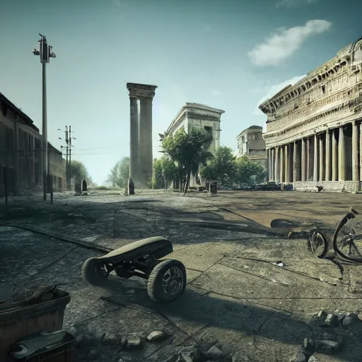 Image similar to post apocalyptic Rome,ultra wide, octane render, cinematic, hyper realistic,