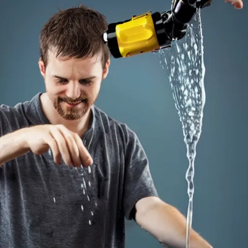 Prompt: man pouring water into the head of a robot