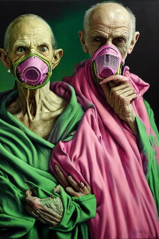 Prompt: two highly expressive, frail, skinny old people draped in fleshy pink, and green robe, wearing gas masks connected to their hearts, inside an dystopian, abandoned hospital room, ayami kojima, greg hildebrandt, mark ryden, hauntingly surreal, eerie vibrating color palette of charlie immer, highly detailed painting by, jenny saville, soft light 4 k