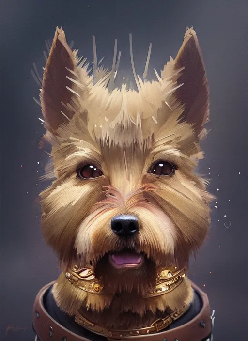 Image similar to norwich terrier in warriors clothing backround dark, highly detailed, digital illustration, trending in artstation, modern painting, smooth, sharp focus, intricate, by peter mohrbacher