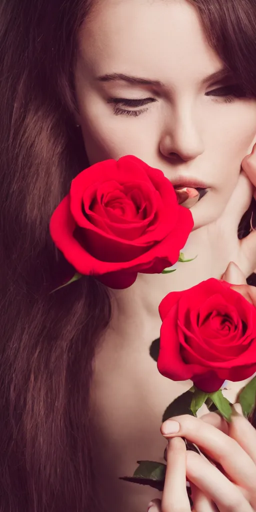 Image similar to a 2 0 years old woman touching a pastel red rose, dramatic angle, pastel style, portrait, beautiful face