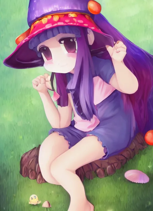 Image similar to a beautiful little girl wearing a mushroom hat sitting in her room petting a frog in her lap | | purple hair, pretty face, sharped details, in ryuuou no oshigoto art style, trending on pixiv