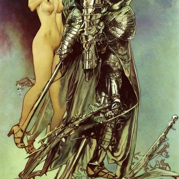 Image similar to teutonic knight, full body, high fashion, latex, rubber, sharp, flowing, slick, highly detailed, motion, concept art, smooth, sharp focus, hd, art by alphonse mucha and bruce pennington and annie leibovitz