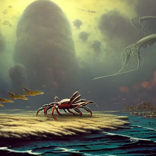 Image similar to A beautiful detailed matte painting of a giant cybernetic crab next to machinal sardines in a nuclear bomb war-ravaged underwater city, Atlantis, deep sea fish, underwater landscape, violent ocean, by andreas rocha and john howe, and Martin Johnson Heade, featured on artstation, featured on behance, golden ratio, ultrawide angle, f32, cyberpunk, well composed, cohesive, oceanblue darkblue black color palette