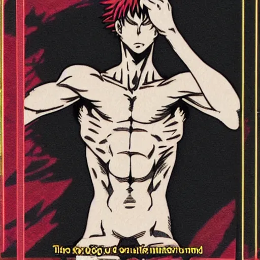 Image similar to official hunter x hunter card with picture of a thin white skinned armenian with a big jaw and a hairy chest