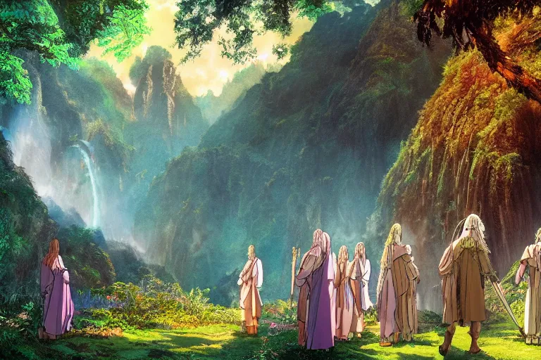 Prompt: still from the lord of the rings movie rivendell, 4 k digital paint by studio ghibli hayao miyazaki. vivid colours, vaporwave lighting style, very sharp and detailed. trending on artstation and behance.