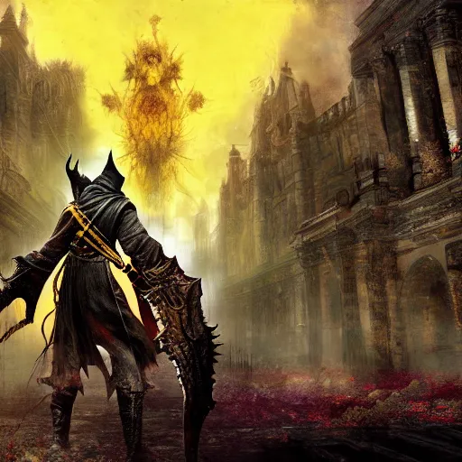 Image similar to Bloodborne hunter in yellow robes fighting a living singularity. Concept art. Detailed. Trippy.