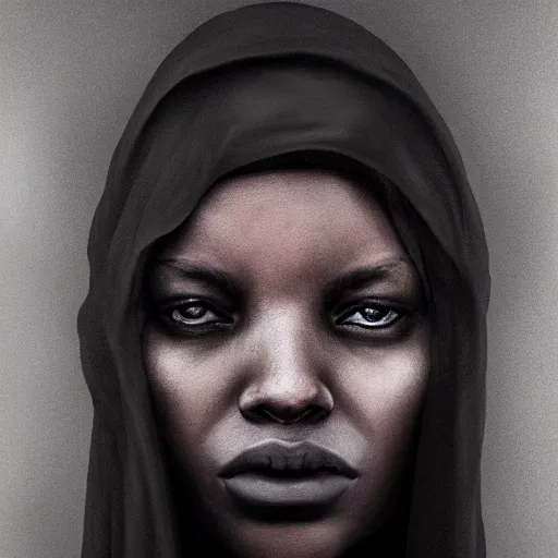 Image similar to a portrait of a young black woman wearing a long dark cloak, hood and shadows covering face, anatomically correct, beautiful perfect face, enigmatic, oil painting, matte painting, black background, Volumetric dynamic lighting, Highly Detailed, Cinematic Lighting, Unreal Engine, 8k, HD, by Beksinski