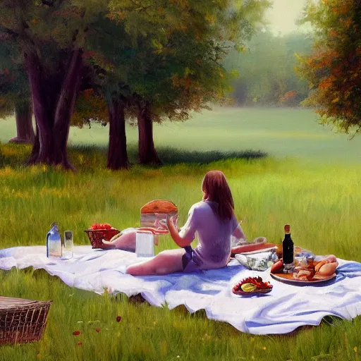 Prompt: a picnic with no people, oil painting, pale colors, high detail, 8 k, wide angle, trending on artstation,