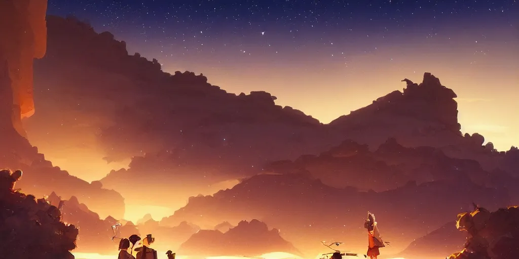 Image similar to desert with sky with stars by studio ghibli, pixar and disney animation, sharp, anime key art by rossdraws greg rutkowski craig mullins, bloom, back lighting