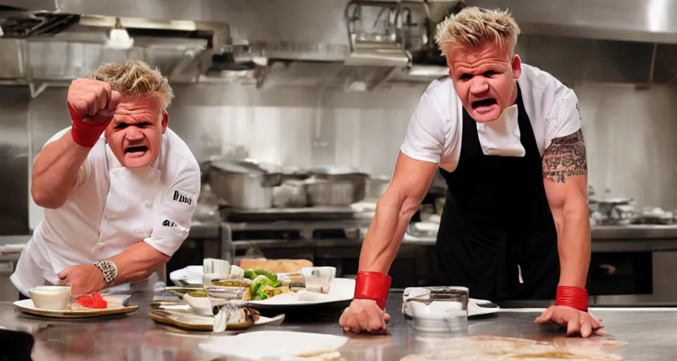 Image similar to photo of angry furious Gordon Ramsay punching Gordon Ramsay at the kitchen