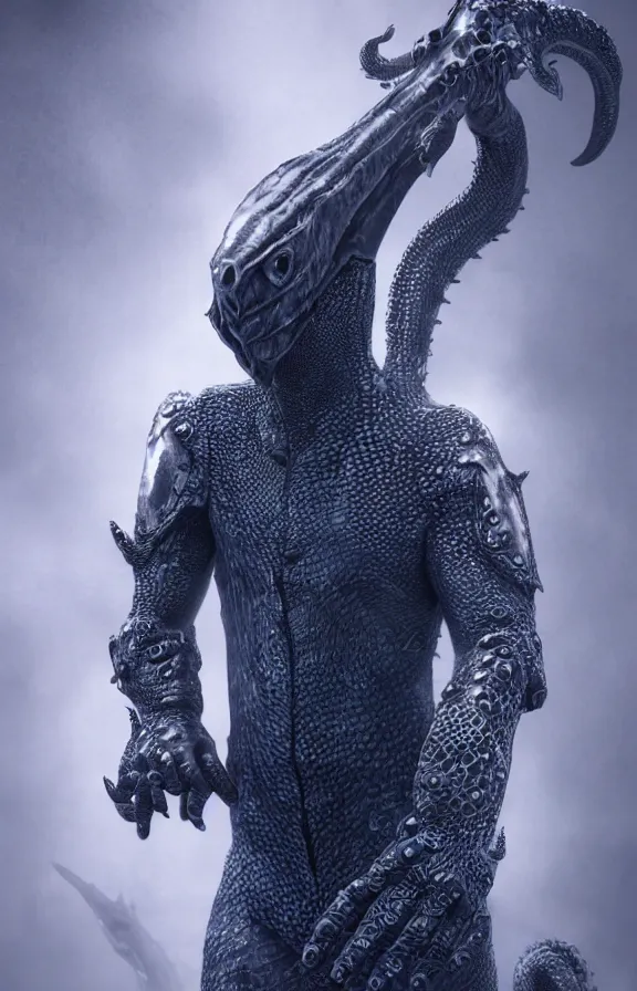 Image similar to detailed hypperrealistic artstation render, full body front view of a scaly black cloaked man, wearing a metallic blue squid mask. he holds in his clawed hands horizontally a large knights steel greatsword, in addition tentacles emerge from his back like wings