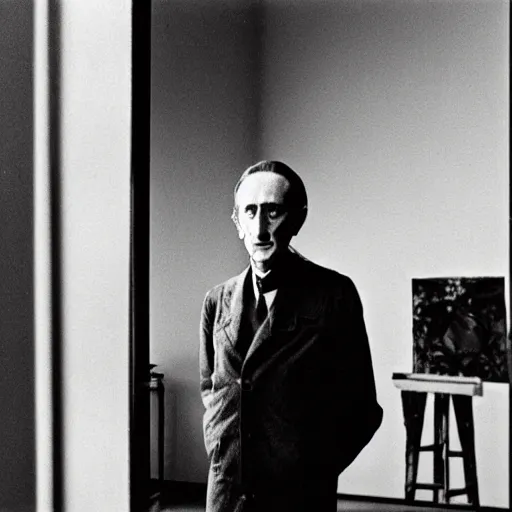 Image similar to underexposed photo of Marcel Duchamp in a room full with an ancient machine, tri-x, Irving Penn, Jeff Wall, archival pigment print, contemporary art