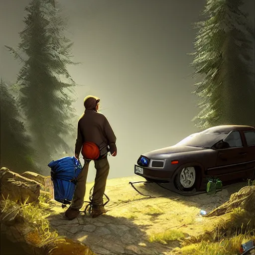 Image similar to etienne hebinger ilustration hiker unloading the car before camping, characterized by roman shipunov, cgsociety, cynical realism, fantasy art, 2 d game art