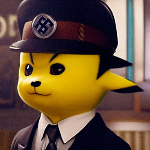 Prompt: a film still of adolf hitler in detective pikachu