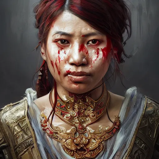 Image similar to portrait painting of a muscular bloodied nepali female butcher, ultra realistic, concept art, intricate details, eerie, highly detailed, photorealistic, octane render, 8 k, unreal engine. art by artgerm and greg rutkowski and alphonse mucha