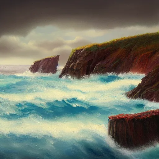 Prompt: ranch by a windy ocean cliff aesthetic, oil painting, pale colors, high detail, 8 k, wide angle, trending on artstation,