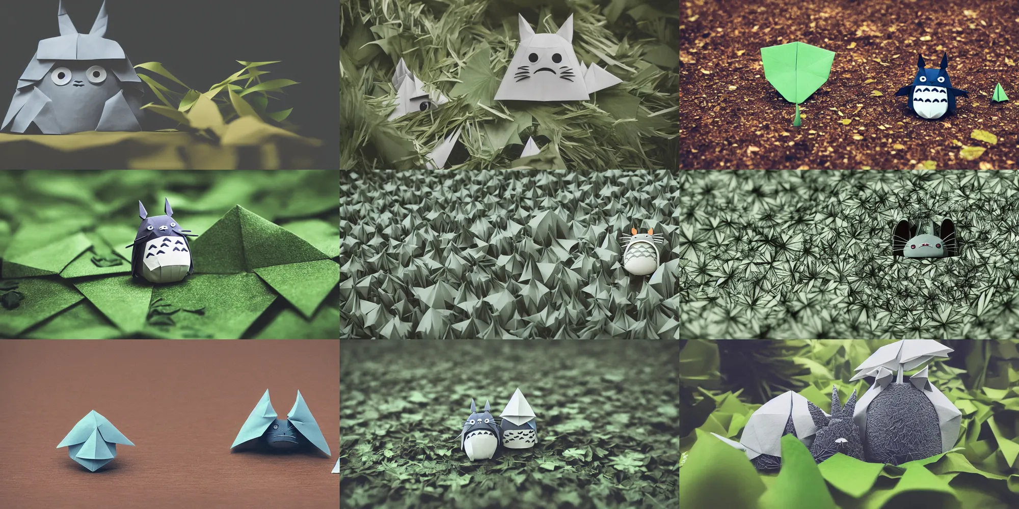 Prompt: totoro in film still with a full still life film still commercial extreme closeup photo of real - life intricate origami plant, eye contact, tilt shift zaha hadid real - life origami forests background, ghibli leaf hat insta filter, cinestill, 8 k