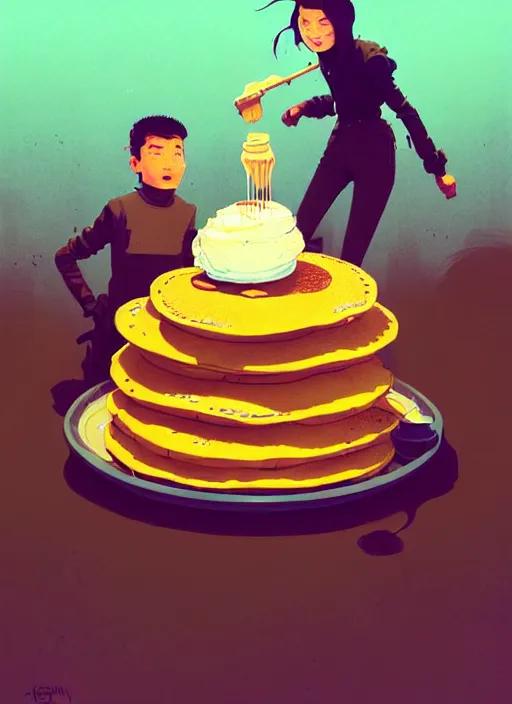 Image similar to highly detailed portrait of a huge stack of pancakes by atey ghailan, james gilleard, by joe fenton, by greg rutkowski, by greg tocchini, by kaethe butcher, 4 k resolution, gradient yellow, black, brown and cyan color scheme, grunge aesthetic!!! ( ( dystopian graffiti tag wall in background ) )