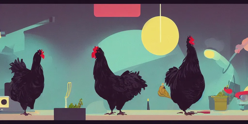 Image similar to 'black chicken!!!' smoking 'cannabis!!!!!!' in front of 'multi monitors!!!!!!' broadcasting studio, artwork by James Gilleard